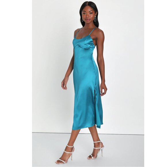 Lulus Luxe Date Teal Blue Satin Seamed Backless Midi Dress - Picture 3 of 3